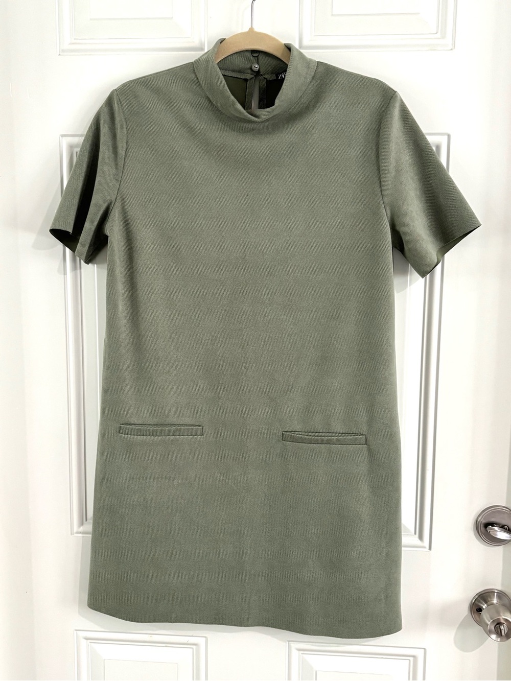 Zara Sage Green Short Sleeve Mock Neck Shift Dress